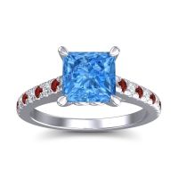 Swiss Blue Topaz Engagement Ring In 18k White Gold With Garnet And Diamond - Vara Princess Classic Ring