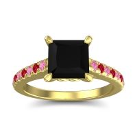 Black Onyx Ring In 18k Yellow Gold With Pink Tourmaline And Ruby Vara Princess Classic Ring