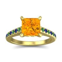 Citrine Ring In 14k Yellow Gold With Emerald And Blue Sapphire Vara Princess Classic Ring