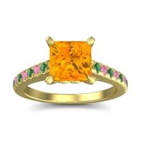 Citrine Ring In 14k Yellow Gold With Emerald And Pink Tourmaline Vara Princess Classic Ring