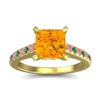 Citrine Ring In 14k Yellow Gold With Pink Tourmaline And Emerald Vara Princess Classic Ring