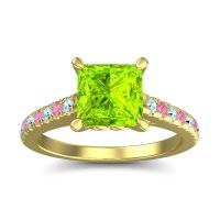 Peridot Ring In 18k Yellow Gold With Aquamarine And Pink Tourmaline Vara Princess Classic Ring