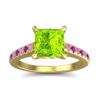 Peridot Ring In 18k Yellow Gold With Pink Tourmaline And Amethyst Vara Princess Classic Ring
