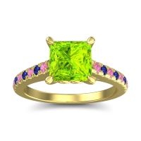 Peridot Ring In 14k Yellow Gold With Pink Tourmaline And Blue Sapphire Vara Princess Classic Ring