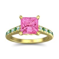 Pink Tourmaline Ring In 14k Yellow Gold With Aquamarine And Emerald Vara Princess Classic Ring