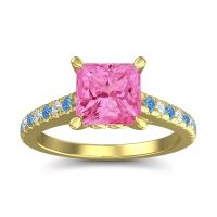 Pink Tourmaline Engagement Ring In 14k Yellow Gold With Swiss Blue Topaz And Diamond - Vara Princess Classic Ring