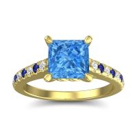 Swiss Blue Topaz Ring In 14k Yellow Gold With Lab Diamond And Blue Sapphire Vara Princess Classic Ring