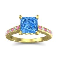 Swiss Blue Topaz Ring In 18k Yellow Gold With Pink Tourmaline And Lab Diamond Vara Princess Classic Ring