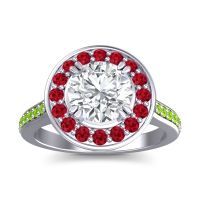 Diamond Ring In Palladium With Ruby And Peridot Iza Round Halo Ring