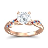 Lab Diamond Ring In 14K Rose Gold With Swiss Blue Topaz And Ruby Samana Round Modern Ring