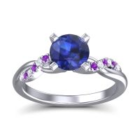 Lab Blue Sapphire Ring In Palladium With Lab Diamond And Amethyst Samana Round Modern Ring