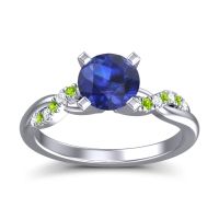 Lab Blue Sapphire Ring In 18k White Gold With Diamond And Peridot Samana Round Modern Ring