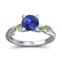 Lab Blue Sapphire Ring In Palladium With Peridot And Emerald Samana Round Modern Ring