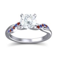 Lab Diamond Ring In 18k White Gold With Blue Sapphire And Garnet Samana Round Modern Ring