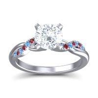 Lab Diamond Ring In Palladium With Swiss Blue Topaz And Ruby Samana Round Modern Ring