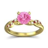 Pink Tourmaline Engagement Ring In 18k Yellow Gold With Ruby And Diamond - Samana Round Modern Ring