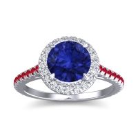 Lab Blue Sapphire Ring In 14k White Gold With Lab Diamond And Ruby Zalka Round Halo Ring