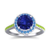 Lab Blue Sapphire Ring In Palladium With Swiss Blue Topaz And Peridot Zalka Round Halo Ring