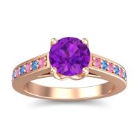 Amethyst Ring In 14K Rose Gold With Pink Tourmaline And Swiss Blue Topaz Dala Round Classic Ring