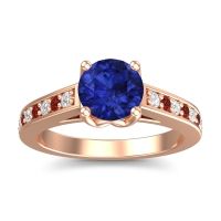 Blue Sapphire Ring In 18K Rose Gold With Lab Diamond And Garnet Dala Round Classic Ring