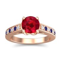 Ruby Ring In 18K Rose Gold With Lab Diamond And Blue Sapphire Dala Round Classic Ring