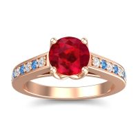 Ruby Ring In 18K Rose Gold With Lab Diamond And Swiss Blue Topaz Dala Round Classic Ring
