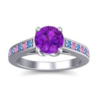 Amethyst Ring In 14k White Gold With Swiss Blue Topaz And Pink Tourmaline Dala Round Classic Ring