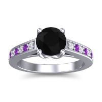 Black Onyx Ring In 14k White Gold With Diamond And Amethyst Dala Round Classic Ring