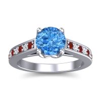 Swiss Blue Topaz Ring In 14k White Gold With Garnet And Lab Diamond Dala Round Classic Ring