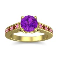 Amethyst Ring In 14k Yellow Gold With Pink Tourmaline And Garnet Dala Round Classic Ring