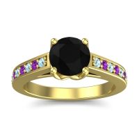 Black Onyx Ring In 14k Yellow Gold With Aquamarine And Amethyst Dala Round Classic Ring