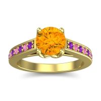 Citrine Ring In 14k Yellow Gold With Amethyst And Pink Tourmaline Dala Round Classic Ring