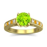 Peridot Ring In 14k Yellow Gold With Lab Diamond And Citrine Dala Round Classic Ring