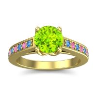 Peridot Ring In 14k Yellow Gold With Swiss Blue Topaz And Pink Tourmaline Dala Round Classic Ring