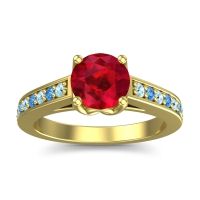 Ruby Ring In 14k Yellow Gold With Aquamarine And Swiss Blue Topaz Dala Round Classic Ring
