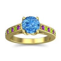 Swiss Blue Topaz Ring In 14k Yellow Gold With Amethyst And Peridot Dala Round Classic Ring