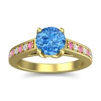 Swiss Blue Topaz Ring In 14k Yellow Gold With Pink Tourmaline And Lab Diamond Dala Round Classic Ring