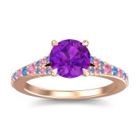 Amethyst Ring In 14K Rose Gold With Pink Tourmaline And Swiss Blue Topaz Hanu Round Classic Ring
