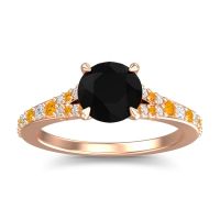 Black Onyx Engagement Ring In 14K Rose Gold With Citrine And Diamond - Hanu Round Classic Ring