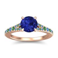 Blue Sapphire Ring In 14K Rose Gold With Emerald And Swiss Blue Topaz Hanu Round Classic Ring