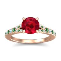 Ruby Ring In 18K Rose Gold With Emerald And Aquamarine Hanu Round Classic Ring
