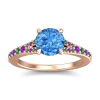 Swiss Blue Topaz Ring In 14K Rose Gold With Amethyst And Emerald Hanu Round Classic Ring