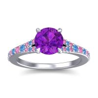 Amethyst Ring In 14k White Gold With Swiss Blue Topaz And Pink Tourmaline Hanu Round Classic Ring