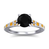 Black Onyx Engagement Ring In 14k White Gold With Citrine And Diamond - Hanu Round Classic Ring