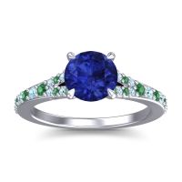 Blue Sapphire Ring In Platinum With Emerald And Aquamarine Hanu Round Classic Ring
