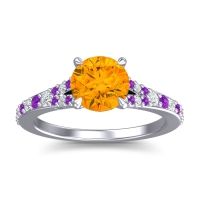 Citrine Ring In 14k White Gold With Lab Diamond And Amethyst Hanu Round Classic Ring