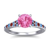 Pink Tourmaline Ring In 18k White Gold With Garnet And Swiss Blue Topaz Hanu Round Classic Ring