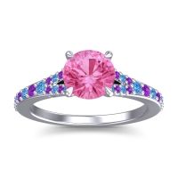 Pink Tourmaline Ring In Palladium With Swiss Blue Topaz And Amethyst Hanu Round Classic Ring