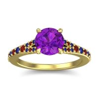 Amethyst Ring In 14k Yellow Gold With Garnet And Blue Sapphire Hanu Round Classic Ring
