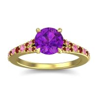 Amethyst Ring In 14k Yellow Gold With Pink Tourmaline And Garnet Hanu Round Classic Ring